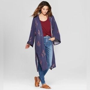 Universal Thread Navy floral print kimono cardigan midi length boho ONE SIZE